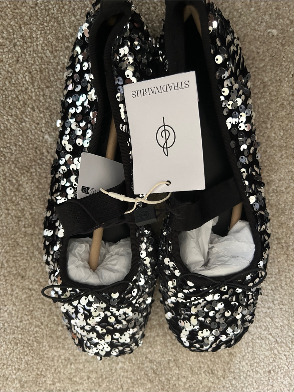 stradivarius Black Sequin Slip-On Ballet Flats